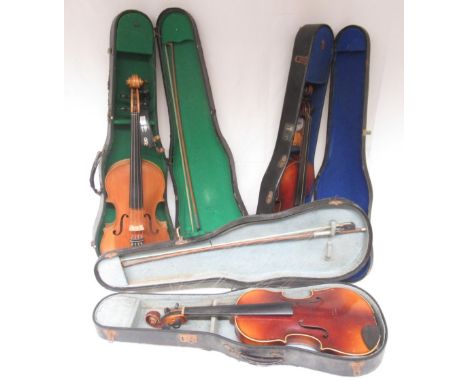 Two violins bearing the replica 'Antonius Stradivarius Cremonenfis Faciebatv Anno 1726' sticker, both in need of attention, l