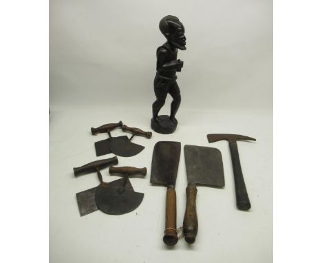 Yates No.2 butcher's meat cleaver with hickory handle, L44cm; another butcher's meat cleaver; four herb choppers; fireman's a