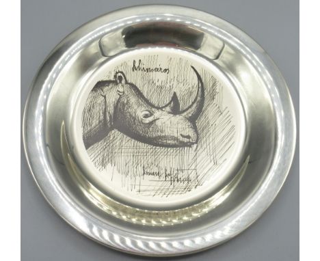 Bernard Buffet sterling silver Rhino plate, stamped 925, boxed with certificate, D20cm, 6.5ozt 