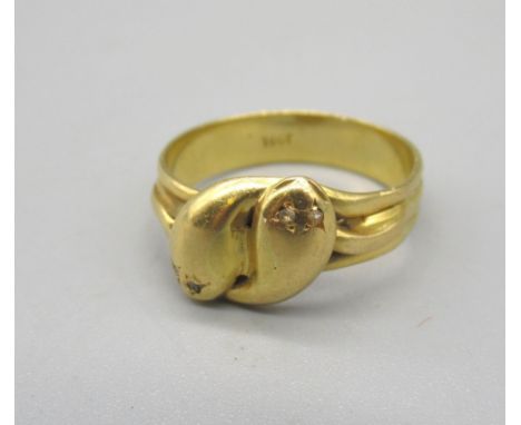 Victorian 18ct yellow gold double snake ring, the heads set with diamond eyes, stamped 18ct, size S1/2, 6.6g 