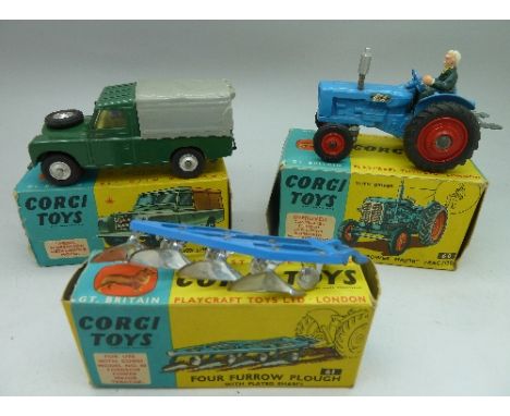 Three Corgi Toys, no. 60 Fordson Power Major Tractor, no. 61 Four Furrow Plough and no. 438 Land Rover