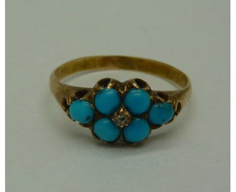 A yellow metal, turquoise and diamond ring, weight 2.1g, size P