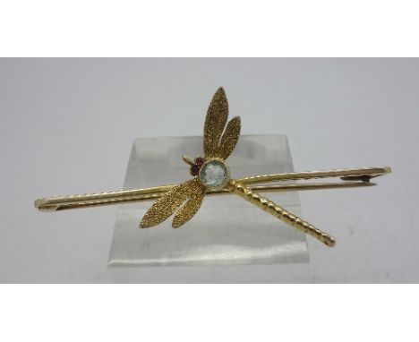 A gold, aquamarine and ruby dragonfly brooch, weight 4.2g