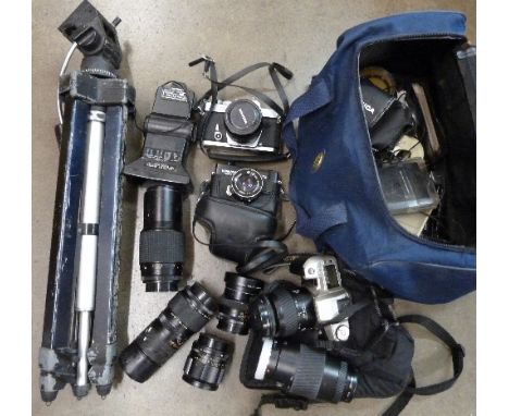 Cameras and equipment including a Konica T3 camera with 50mm F1.7 lens and case, four Konica Hexanon lenses and other equipme