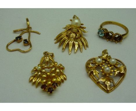 Four 9ct gold pendants and two yellow metal and a 9ct gold ring, ring a/f, total weight 14.1g