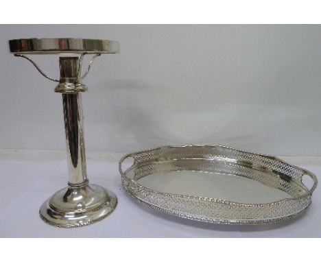 A Mappin and Webb plated lamp base and an oval gallery tray