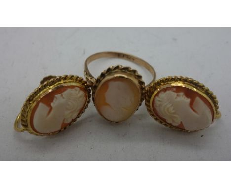 A 9ct gold cameo ring and a pair of 9ct gold cameo earrings, weight 6.7g, size L