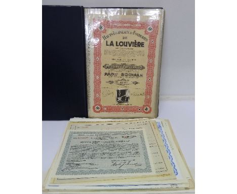 A collection of fifty-seven share certificates including Belgian, French Congo, American, Egypt, etc.