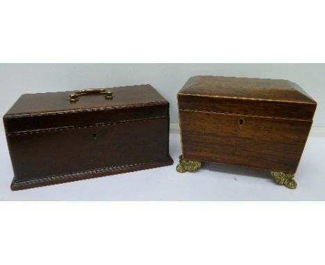A rosewood sarcophagus shaped tea caddy with boxwood stringing and gilt metal feet, height 16cm and a mahogany tea caddy, wid