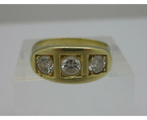 An 18ct gold three stone diamond ring, approximately 1.5ct total diamond weight, size R, weight 10.4g