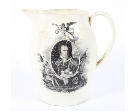 An early 19th century Liverpool (Herculaneum) creamware transfer printed jug. Printed with Commodore Prebles Squadron Attacki