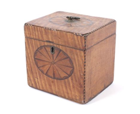 A Georgian marquetry and satinwood tea caddy. Of rectangular section, inset with fan medallion, 11cm wide