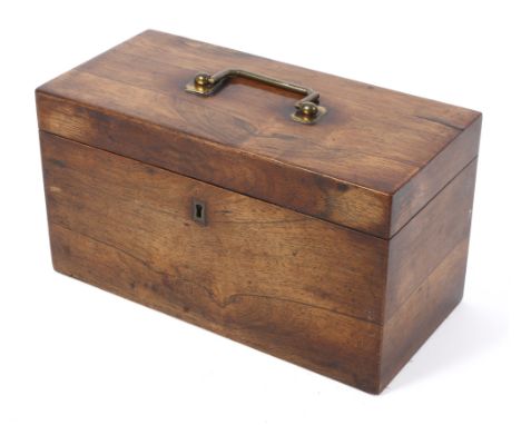 An early 19th century rosewood tea caddy. Of rectangular form, with brass swing handle, fitted with two hinged caddies and ce