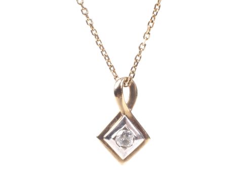 A 9ct gold and diamond single stone pendant and chain. The bi-colour stepped-lozenge shaped pendant centred with a small roun