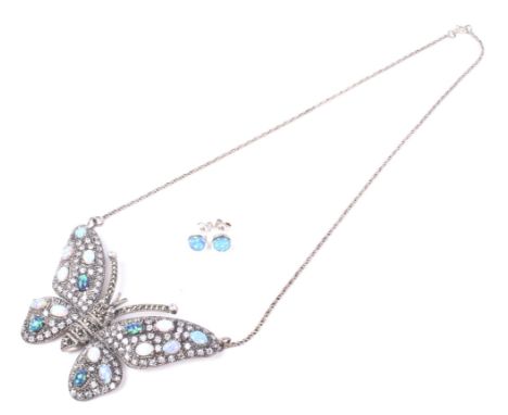 A multi-gem 'butterfly' necklace. The front designed as a large butterfly, pave set with synthetic opals, opalite, and near-c