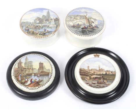 A collection of 19th century pottery prattware pot lids and an ointment pot similar. Comprising: a pot and base print with th