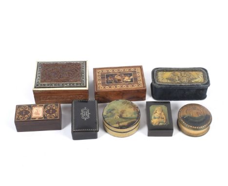 A collection of 19th/20th century wooden boxes, including Tunbridge Ware. Including: a circular papier mache snuff box painte