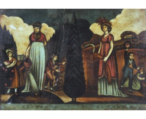 An early 19th century reverse coloured print on glass of Spring &amp; Summer. Depiciting figures watering crops and harvestin