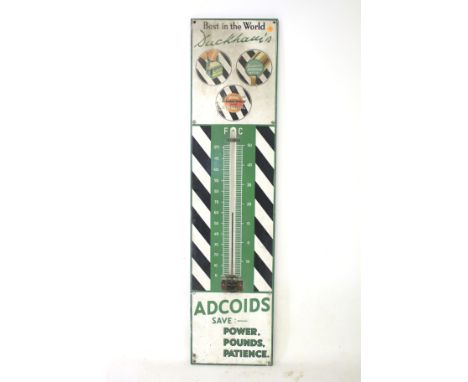 An original enamel Ducham's Adcoids engine oil and thermometer sign. With intact thermometer, one piece of enamel missing on 