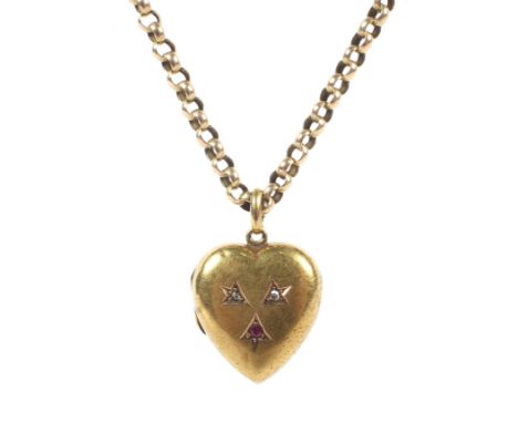 A 9ct gold chain link necklace weight 10 grams, with a 15ct gold heart shaped locket set with a ruby and two diamonds 4.0 gra