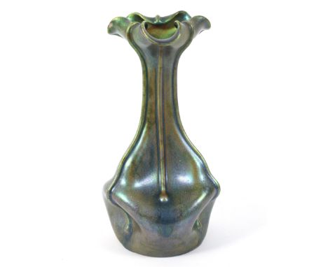 A Zsolnay Pecs Art Nouveau pottery iridescent green glazed vase. Circa 1900, printed and impressed marks, shape no. 5451, Of 