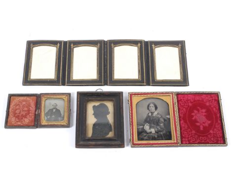 Two Victorian daguerreotypes, a leather photograph holder and a silhouette portrait. With a portrait of a lady (Mrs Sarah Ann