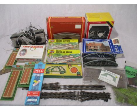 A quantity of model railway accessories including control boxes, landscaping, track, boxed Airfix General Store &amp; Kiosks,