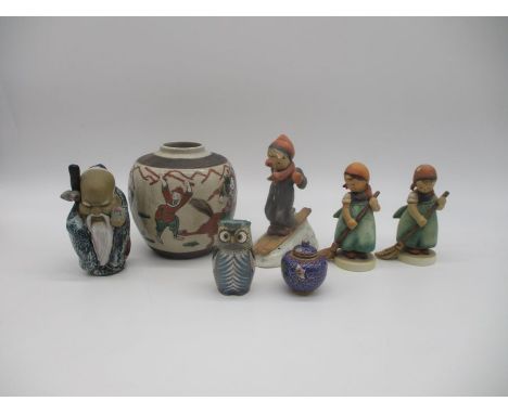 A mixed lot, comprising of  three Goebel figures, an oriental ceramic vase, cloisonné owl etc. 