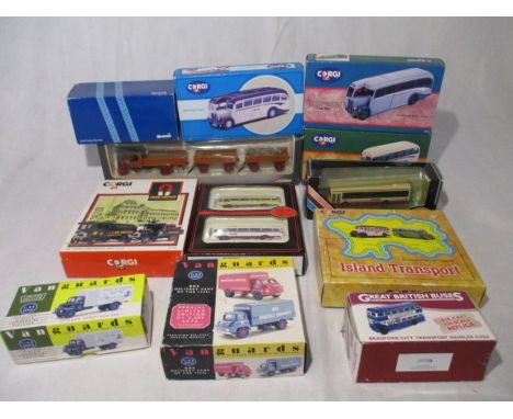 A collection of boxed die-cast model buses including Corgi, Gilbow, Atlas Editions etc, along with a Corgi limited edition Fu
