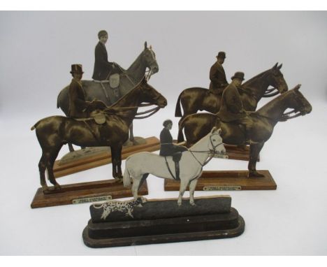 A collection of five "Fret Portraits" on wooden stands, each depicting a horse and rider -   three labelled with "Fret Portra