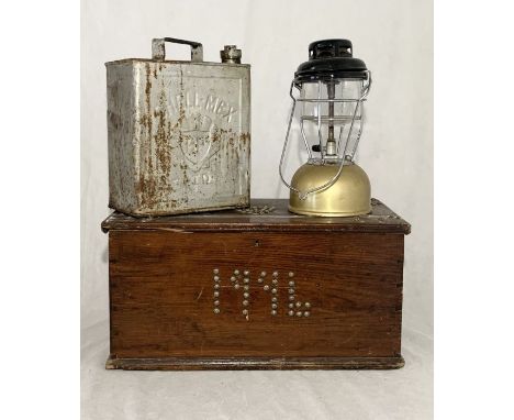 A Shell petrol can, Tilley lamp and decorated wooden trunk 