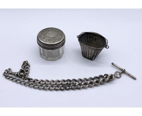 A hallmarked silver Albert, Chinese silver basket and small dressing table pot