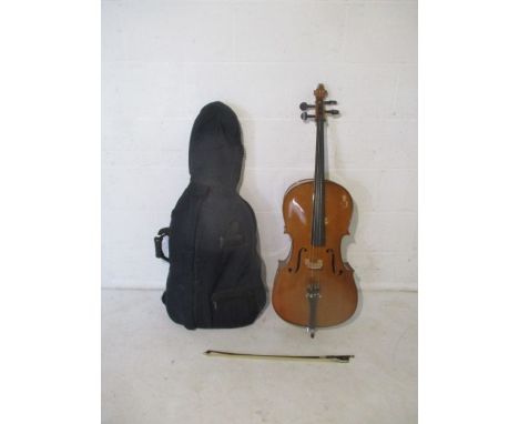 A Stentor Student 11 3/4 size cello along with a bow and a soft case.