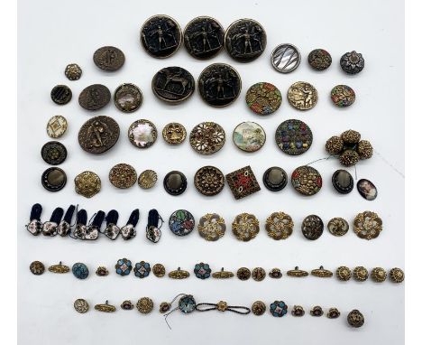 A collection of antique and vintage buttons including Satsuma, Longchamps (horse racing), enamelled etc.
