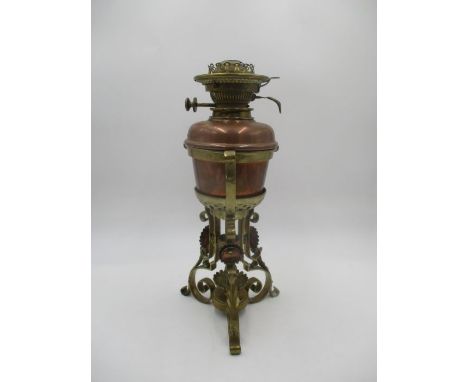 A brass and copper oil lamp, marked Hinks's and Sons.