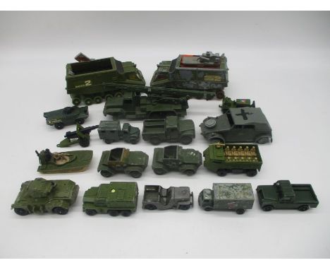 A collection of vintage play worn die-cast vehicle all relating to the army including Dinky Toys, Matchbox, Corgi etc