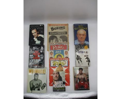 A collection of boxing themed books and biographies including Henry Cooper , Barry McGuigan, Muhammed Ali etc, two copies of 