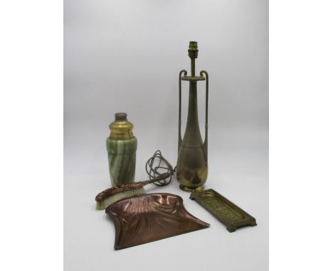 An onyx urn with brass top, along with a brass lamp stand, copper brush and tray etc.