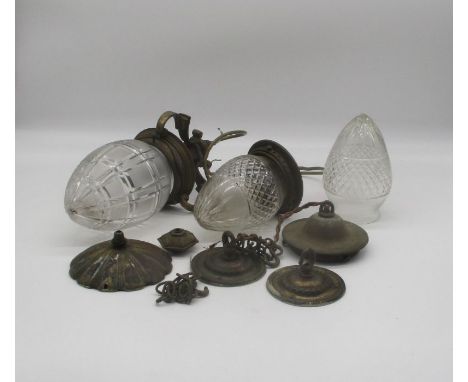 An antique and brass ceiling light fitting with glass shade, along with a similar pair, A/F