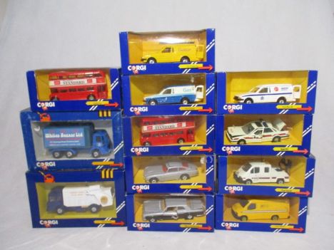 A collection of boxed Corgi die-cast vehicles including RAC Service Ford Transit, Police Rover 800, AA Service Ford Transit, 