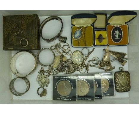 Two silver bangles, a silver locket and plated ware, coins, etc.