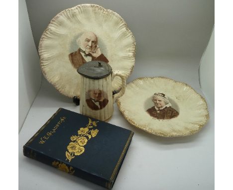 One volume, W.E. Gladstone, His Life and Times by Lewis Apjohn, two decorative transfer print plates, Mr and Mrs Gladstone an