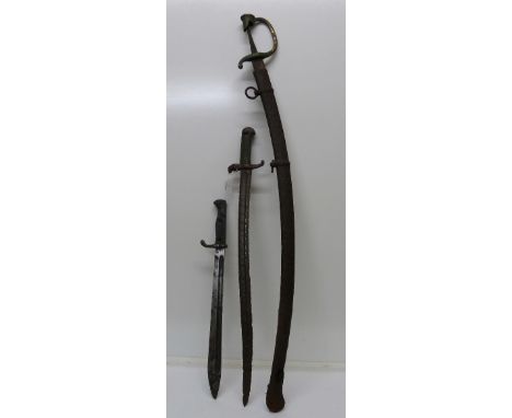 Two bayonets and a curved sword with scabbard, a/f