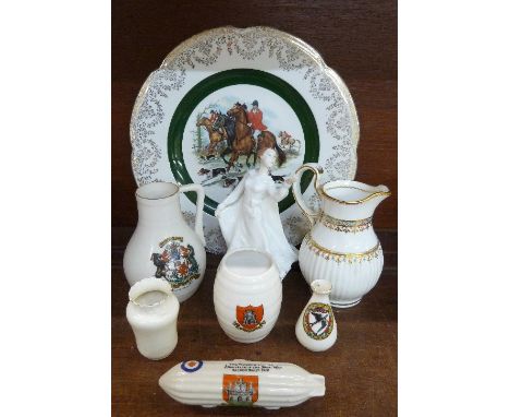A Wood & Sons hunting plate, five items of crested china, a Royal Doulton figure, Wisdom, HN4083 and a 19th Century cream jug