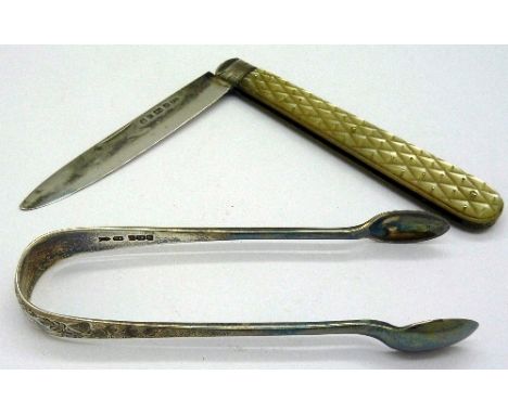 A Victorian silver and mother of pearl fruit knife, Sheffield 1870 and a pair of silver sugar bows