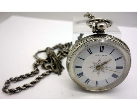 A silver fob watch marked .935 and an Albertina chain