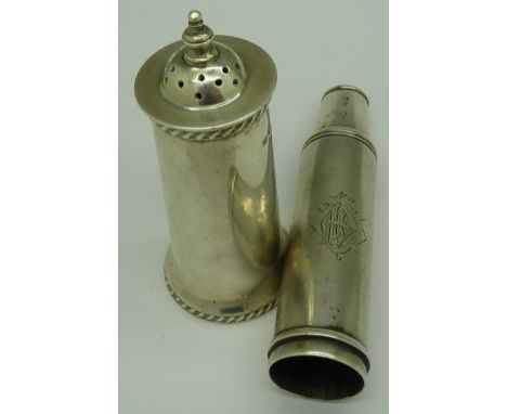 A silver pepper and a Victorian silver powder flask spout hallmarked London 1889, weight 104g