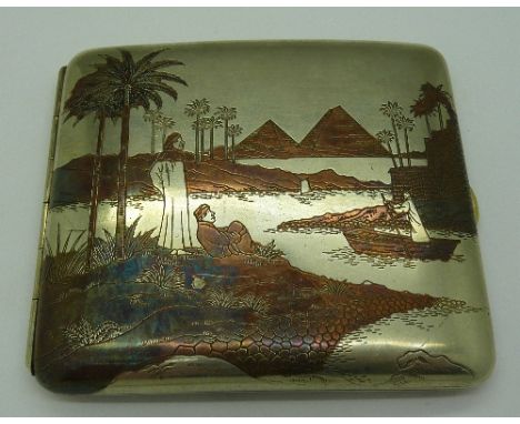 A sterling silver cigarette case, with Egyptian scenes, weight 92.9g