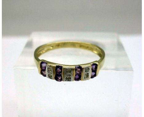 A 9ct gold, diamond and amethyst ring, weight 1.4g, size O