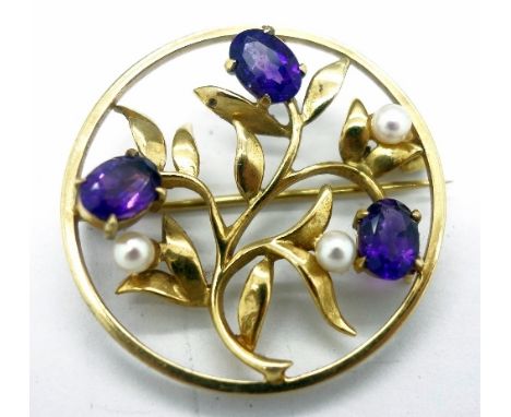 A 9ct gold, amethyst and pearl brooch, weight 6.2g